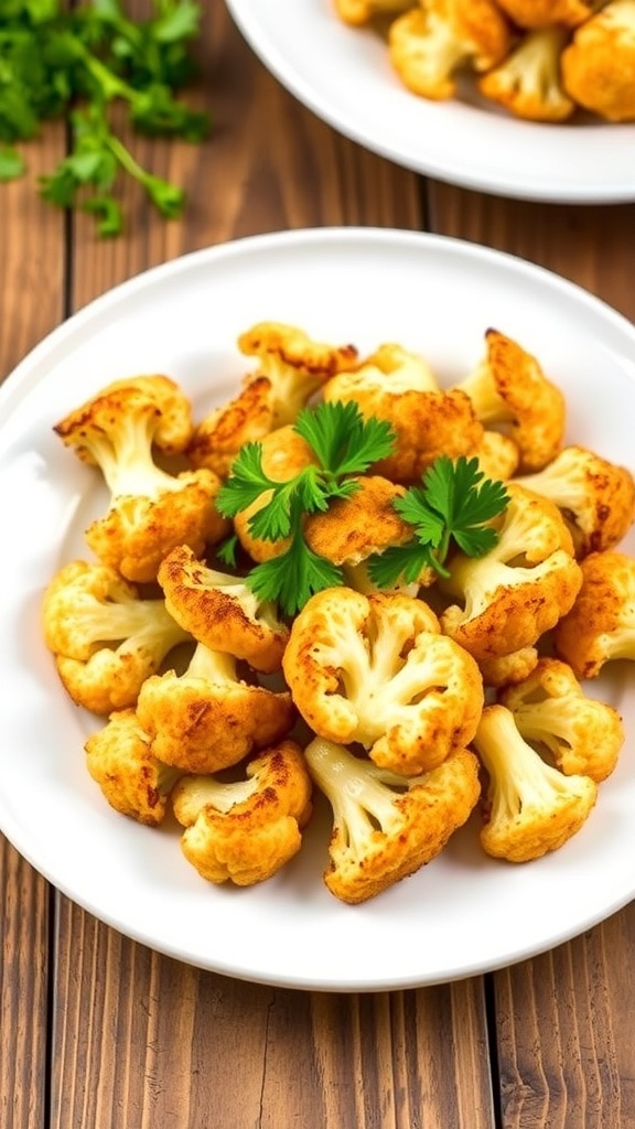 Roasted cauliflower florets on a white plate, garnished with parsley, on a wooden table.